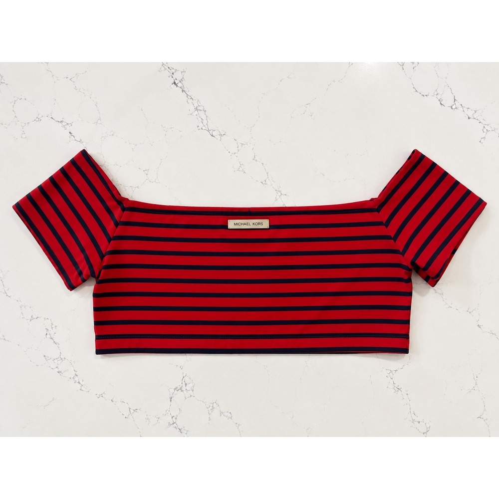 MICHAEL Michael Kors Striped Bikini Top Size M Red Navy Short Sleeve‎ Swim - Picture 2 of 4